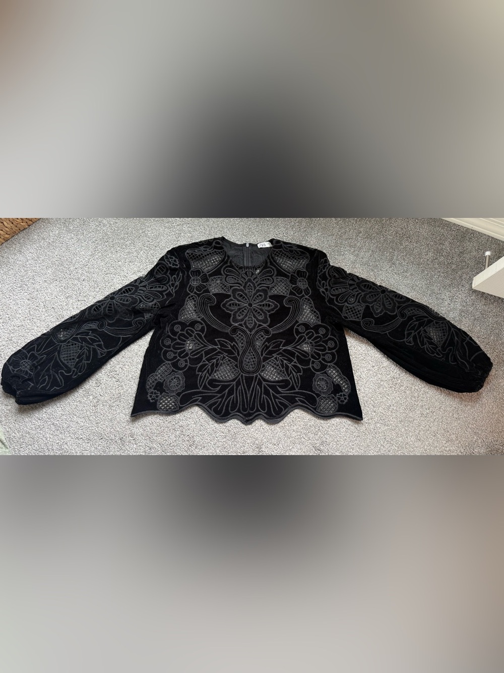 Zara Black Velvet Floral Embroidered Scoop-Neck Sweater
